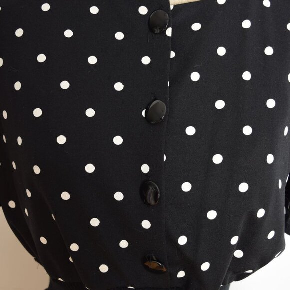 vintage 80s dress black white polka dot print peplum ruffle secretary puff M - Picture 4 of 9